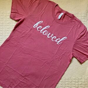 New Sz M Etsy “beloved” faith script tee, Bella  + Canvas, pretty mauve color